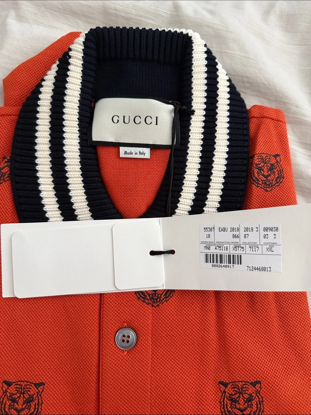 Gucci Men's Orange Polo with Black Tiger Motif & Striped Collar